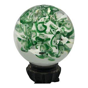 Vintage Clear Abstract Glass with Green White Millefiori Paper Weight
